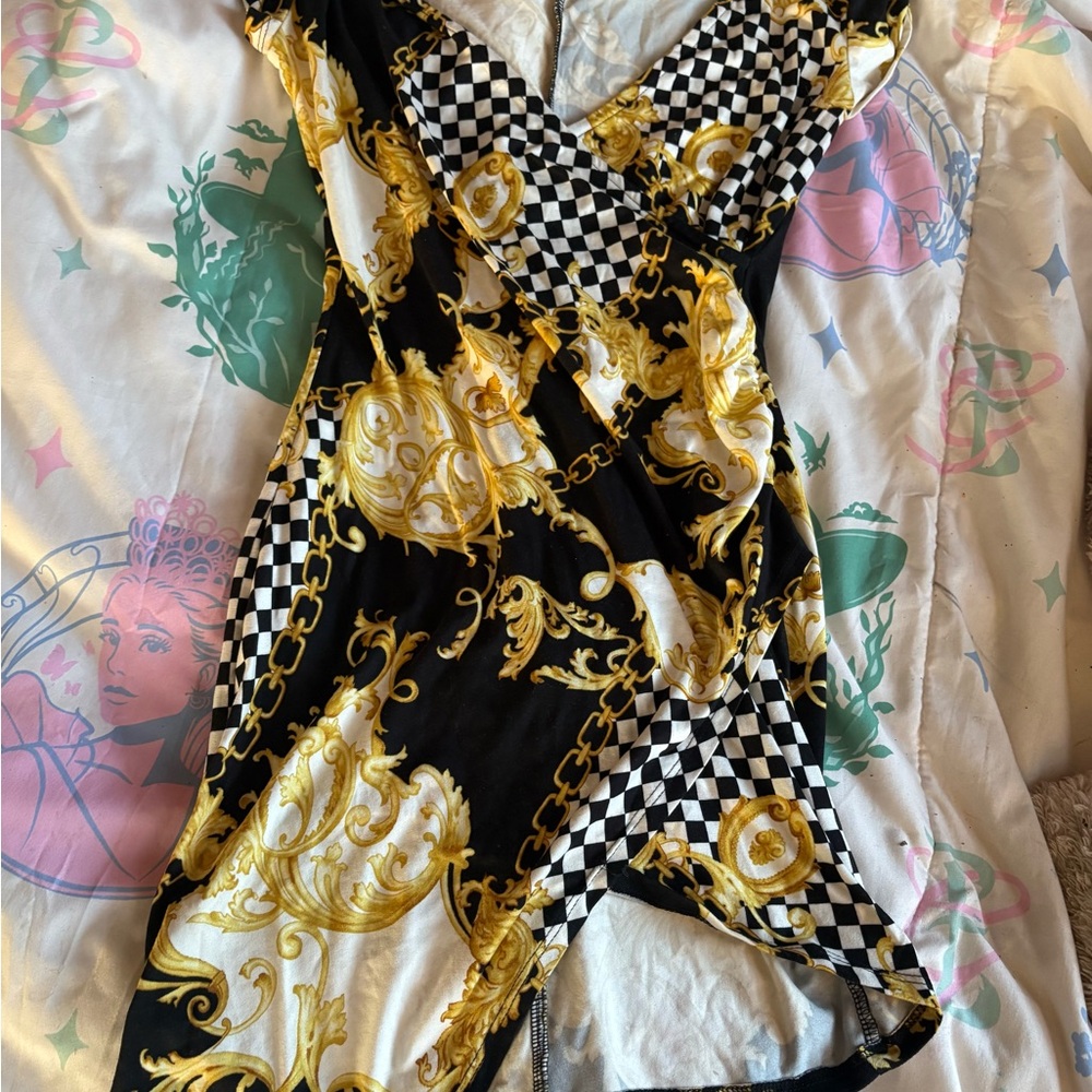 Black & Gold Baroque Print Wrap Dress